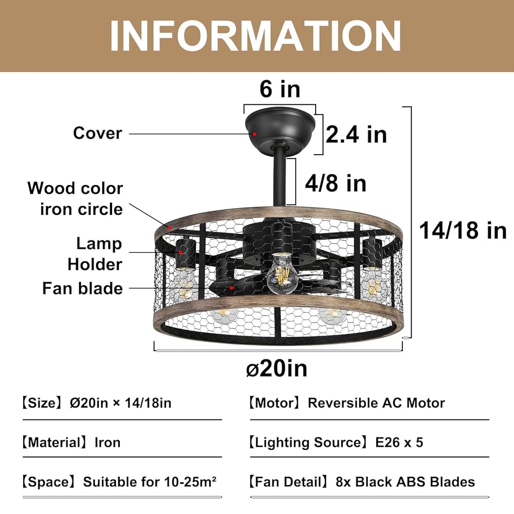 Amazon.com: Ohniyou 20'' Caged Rustic Farmhouse Ceiling Fan